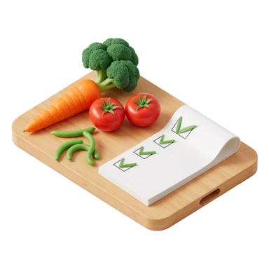 3D isometric illustration of a wooden cutting board with fresh vegetables (carrot, broccoli, tomato, peas), a paper grocery list with checkboxes, soft lighting, realistic textures, floating shadows, minimalistic style, dark background, modern food planning app aesthetic sticker