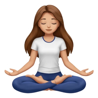 Brown long haired girl with closed eyes in dark blue leggings and a white t-shirt sits on the splits sticker