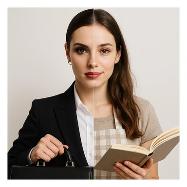 4K hyper realistic split-image of a beautiful woman: left side with dramatic makeup, sleek hair, business suit, holding a briefcase; right side natural, hair down, kitchen apron, holding a cookbook, gentle expression, symmetrical, white background, clear contrast sticker