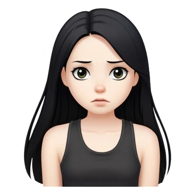 girl with long straight black hair, pale skin, dark eyes, black tank top, bored expression sticker