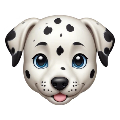 Cinematic Cute Spotted Dalmatian Portrait Emoji, Head tilted playfully and inquisitively, featuring a glossy Fur of predominantly white with dynamic black patches, round, sparkling blue eyes filled with gentle curiosity, Simplified yet irresistibly adorable features, highly detailed, glowing with a warm, friendly glow, high shine, affectionate and gentle, stylized with a touch of whimsy, bright and endearing, soft glowing outline, capturing the essence of a mischievous yet loving pup, so playful it feels like it could lumber out of the screen and into your arms! sticker