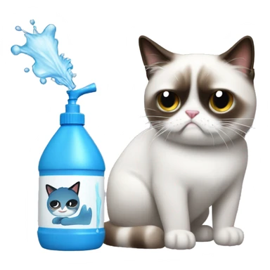 Spray bottle spraying water at a grumpy cat sticker