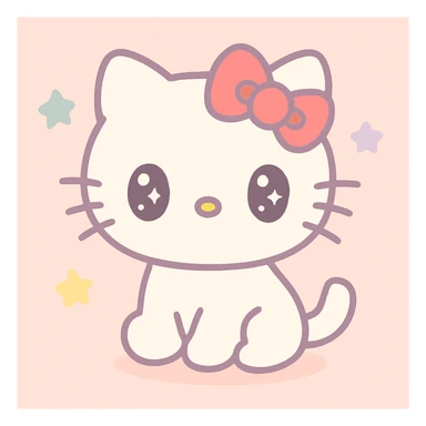 cute white cat with a red bow, inspired by Hello Kitty, soft pastel cartoon style sticker