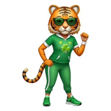 female energetic anthropomorphised tiger in full body, wearing St. Patrick's Day themed sportswear and dark sunglasses sticker