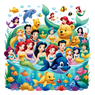 Icon for Animated Characters: A colorful, large-scale collage of beloved cartoon characters, including Franco, Mickey Mouse, Winnie-the-Pooh, Ariel the Little Mermaid, Jasmine and others. Bright and vibrant, full of whimsical charm. Transparent background. sticker