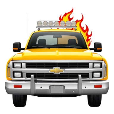 Yellow Chevrolet C-2500 Crew Cab with professional airbrushed red flame artwork on front hood and fenders, authentic Kill Bill truck design, 30-degree view, iOS emoji style sticker