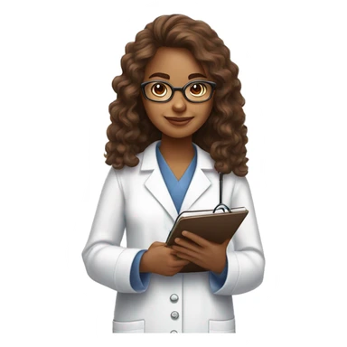 Administrator of the reproductive health office, a girl, with brown fluffy hair, wearing glasses with notebooks and a phone in her hands. In a white medical gown sticker