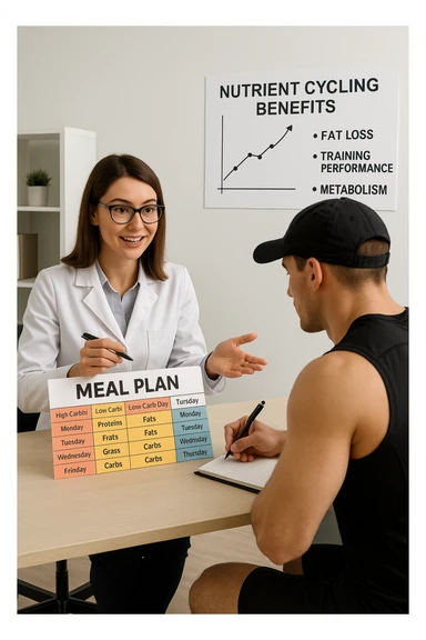 a nutritionist explains to an athlete how to cycle macronutrients for fat loss and training. On the desk, a weekly meal planner shows alternating high-carb and low-carb days, with color-coded sections for proteins, fats, and carbs. The athlete takes notes, and a chart in the background illustrates the benefits of nutrient cycling. The mood is professional and educational. scritto in italiano sticker