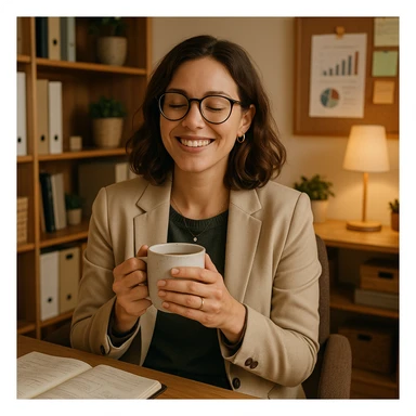 a relaxed and happy female project manager holding a coffee cup in a cozy office setting sticker