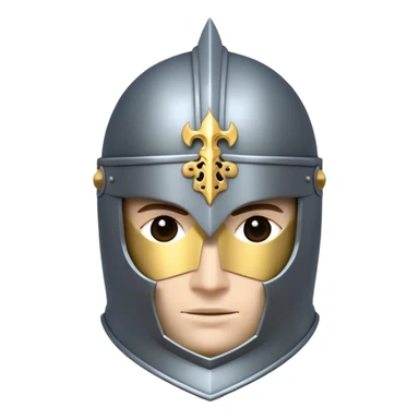 Clash of Clans aesthetic: Cinematic heroic Armored Knight Hero close up Emoji, rendered in a 3D vector-style similar to standard emojis with minimal shading and bold, simplified shapes. A compact, isometric warrior clad in gleaming plate armor with intricate heraldic details, softly glowing with a chivalrous medieval charm. Simplified yet unmistakably iconic, highly detailed and consistent, glowing with a soft radiant shine and high polish. Stylized with a touch of noble valor and a soft glowing outline, wearing a full face helm so that no face is visible with only eyes visible, capturing the essence of a gallant knight ready for honorable battle with a friendly, playful manner! sticker