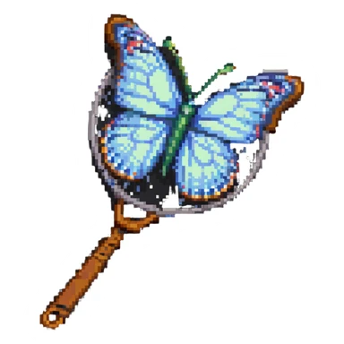 A colorful butterfly net with a wooden handle, badge style sticker