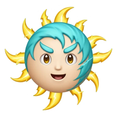 Uranus emoji in Apple-style, blue-green planet with swirling rings, a big playful and excited face, and one large yellow lightning bolt in front, bursting with electric, chaotic energy. sticker