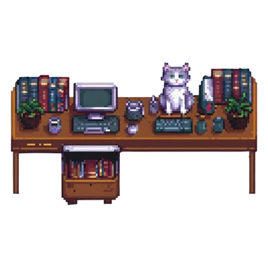 a desk with a cat, books, and computers in pixel art style, cozy atmosphere sticker
