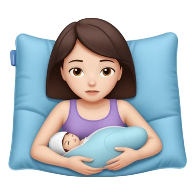  a brunette girl lying down on her side, holding a warm heating pad against her lower belly. She's uncomfortable and sad, her posture should show she’s having menstrual cramps. Use simple lines, rounded shapes, soft colors, and a clean emoji aesthetic. Make it expressive but still adorable sticker