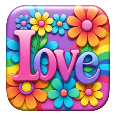 Beveled square shaped psychedelic colored button with rainbow colored hippie style 3D flowers and the word love in the center sticker