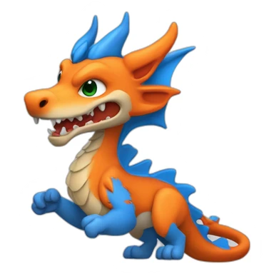 Un dragon mi loup avec des corne de bélier orange moutard. il est de la couleur rouge, bleu, blanc et orange moutardes. Il qui crache du feux sticker