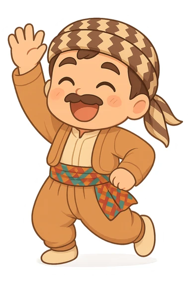 Create a chibi Kurdish cartoon sticker based on the reference image, showing a greeting (waving hello) expression, with a transparent background. sticker