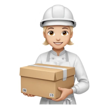 Tengo que dar una capacitacion de orgonomia, necesito un emoji de un operario con casco blanco y delantal blanco de manga larga que levante una caja cerrada con las dos manos a la altura de los hombros sticker