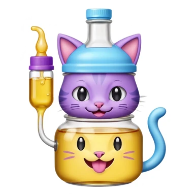Smiling bottle of oil light purple top and light blue sticking tongue out and with cat ears sticker