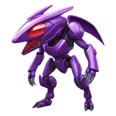 a shiny purple-green-red Genesect-Raptor-Fakémon—hybrid with a futuristic visor-helmet full body sticker