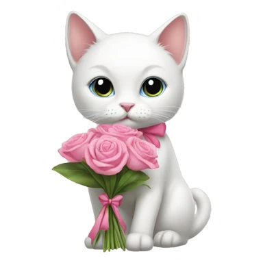 White cat with pink bow on ear and a pink dress holding flowers sticker