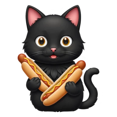 A cartoon black cat holding one hot dog and eating it sticker