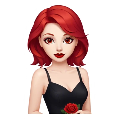 a woman with red hair and red eyes. The woman wear a black little cutted dress. She have red lipstick and she have a seductive look and smile. She have a rose in her hair sticker