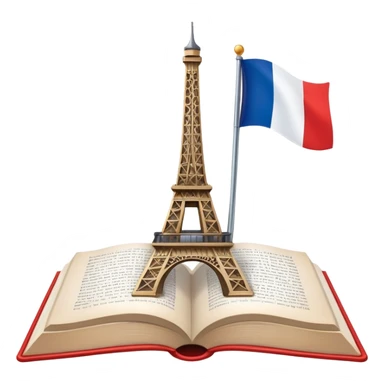 An icon featuring the Eiffel Tower and the flag of France, symbolizing the French language. The design includes an open book with French text, representing language learning and French culture. Transparent background highlights the elegance of the French-speaking world. sticker
