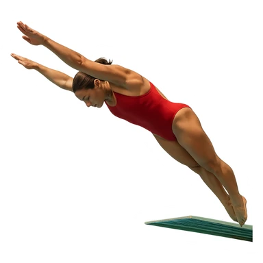 a person in a swimsuit diving off a diving board, arms extended in the diving position, dynamic motion, clear background sticker