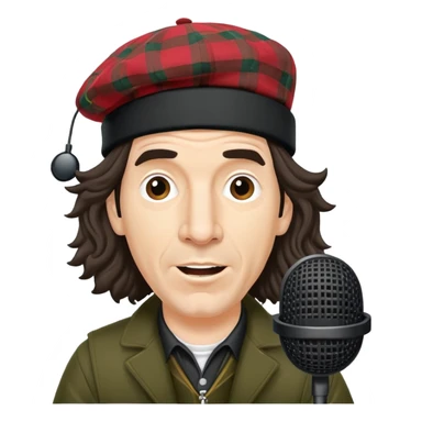 Nardwuar with his iconic tam o' shanter hat and microphone sticker