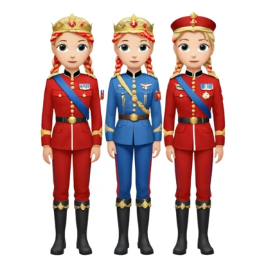 Blonde single braided haired Elsa and brown double braided haired Anna arendelle are same wearing gold tiara white military tunic arm badge shoulder cord medal red sash blue belt black trouser with both side red stripe white overknee boots full body view sticker