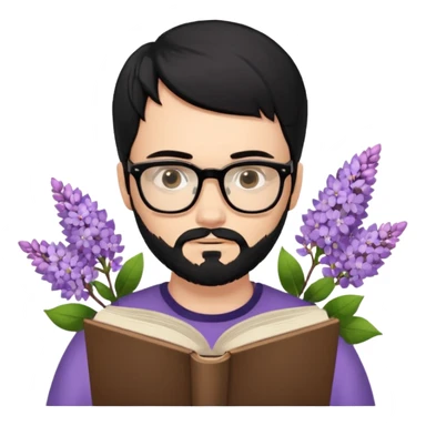 young white man with black beard, straight hair, brown eyes, wearing black glasses, reading a lilac book, looking at the book sticker