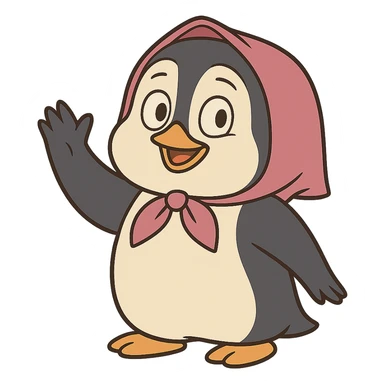 penguin character inspired by Masha and the Bear, waving sticker