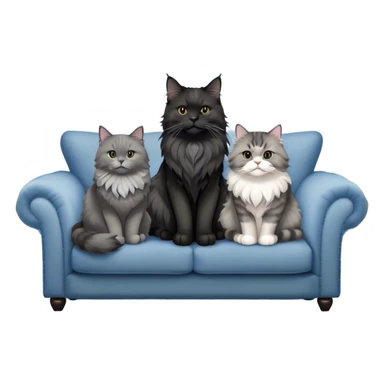 A large black smoke Maine Coon cat with long grey ear tufts and a fluffy grey ruff, sitting next to a chubby British Shorthair cat in blue color with plush fur, both sitting comfortably on a sofa. Beautiful room background with flowers and soft lighting. Transparent background. sticker