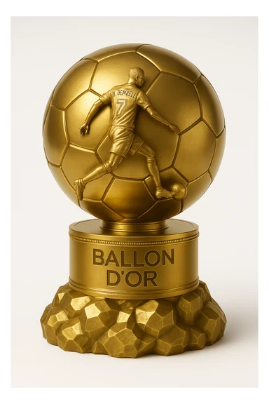 Replace the footballer silhouette on the Ballon d'Or trophy with Ousmane Dembélé's signature silhouette in a dynamic dribbling pose. Keep a stylized cartoon gold look with sparkles and a simple background. sticker