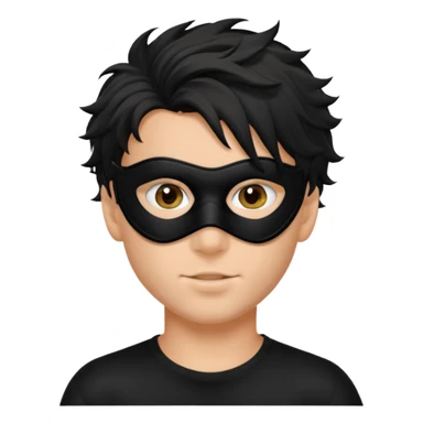 messy hair boy in a sleek black mask, playful eyes showing sticker