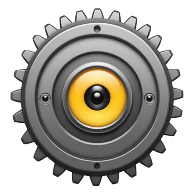 Minimalist emoji-style sticker of a mechanical gear with a realistic eye in the center. Flat graphic icon in grayscale. sticker