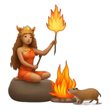 the goddess of the hearth and comfort next to a capybara holding a fire in its paws sticker