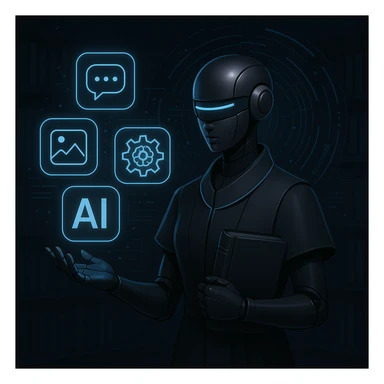 sleek robot librarian in dark mode, holding floating AI tool icons, with a holographic interface and minimalist tech outfit sticker
