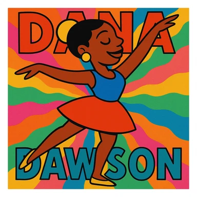 Add a vibrant, colorful background behind Dana Dawson in a dance pose, keep the original vibrant toon style sticker