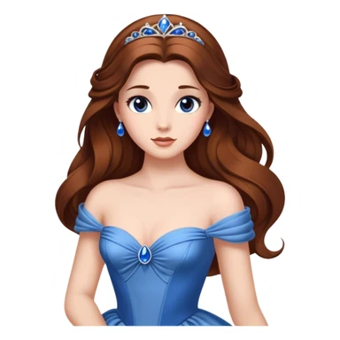 Cinematic Elegant Belle Portrait Emoji, rendered in a realistic, vector-style with minimal shading and bold, simplified shapes. Depict Belle (chest and above) with fair, luminous skin, deep brown expressive eyes, and long, flowing chestnut hair styled elegantly, wearing her classic blue ball gown. The image glows with a soft, warm radiance and high shine, capturing timeless refined beauty. sticker