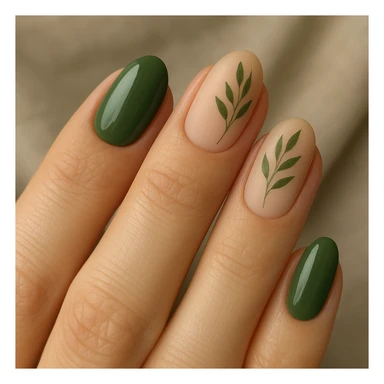 green nails with leaves sticker