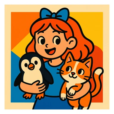 a girl holding a penguin and a cat, vibrant cartoon style sticker