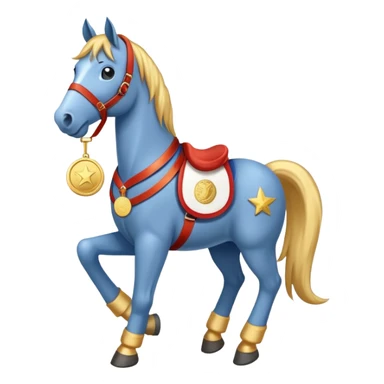 friendly anthropomorphised horse in jeans and a t-shirt, wearing a gold medal sticker