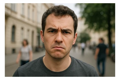 a person with a questioning face, with clear, crisp background details but blurry or ambiguous people nearby sticker