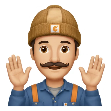 Woodworker thick mustache knit cap Carharttk shirt hand raised above head small eyes sticker