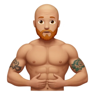 bald guy with a ginger beard an muscles shrugging his shoulders with GODBODY tattoo across stomach  sticker