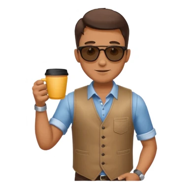 Man in vest, holding coffee, wearing sunglasses sticker