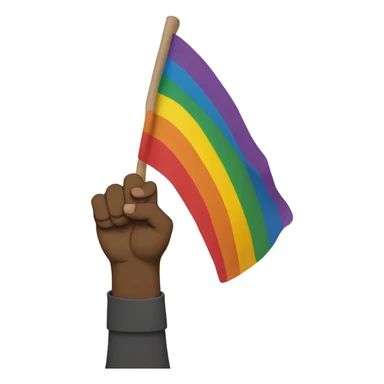 Person holding fist up kneeling on ground rainbow flag behind sticker