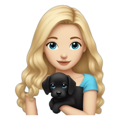 girl with straight blonde hair and blue eyes holding a black fluffy puppy sticker